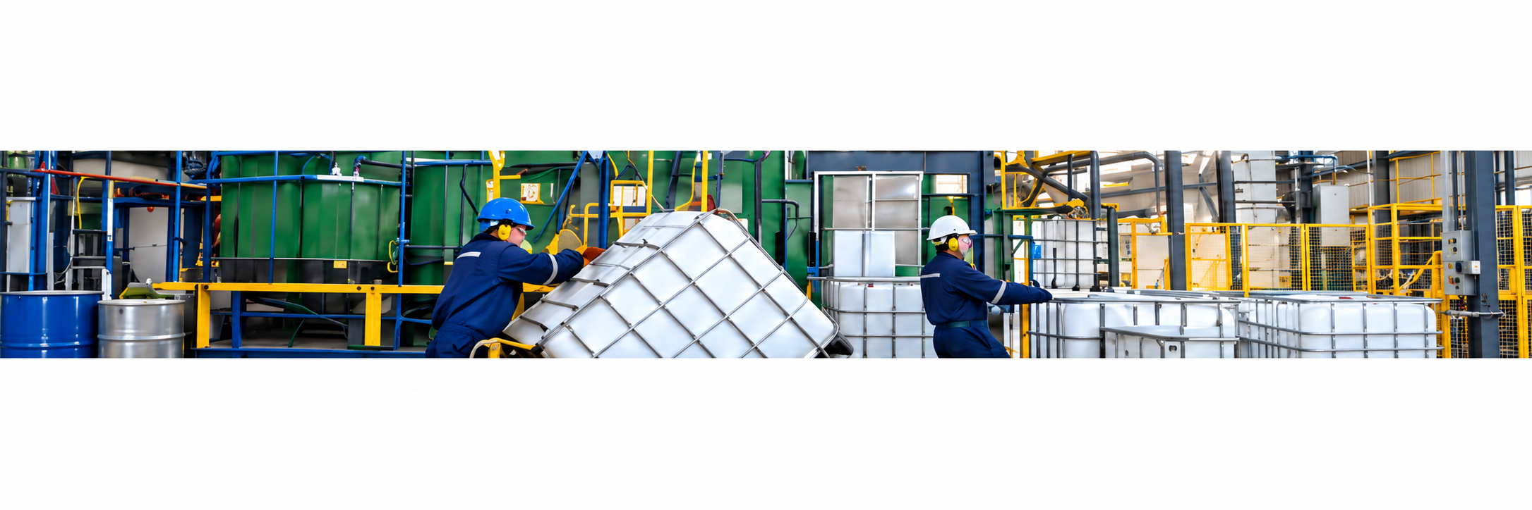 Operadores y envases IBC en la planta de reacondicionamiento aprobada