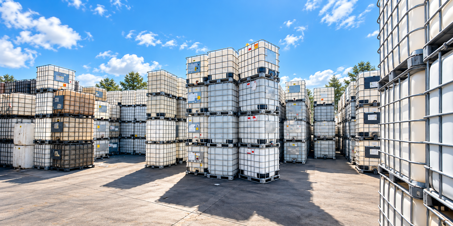 Patio industrial con envases IBC apilados