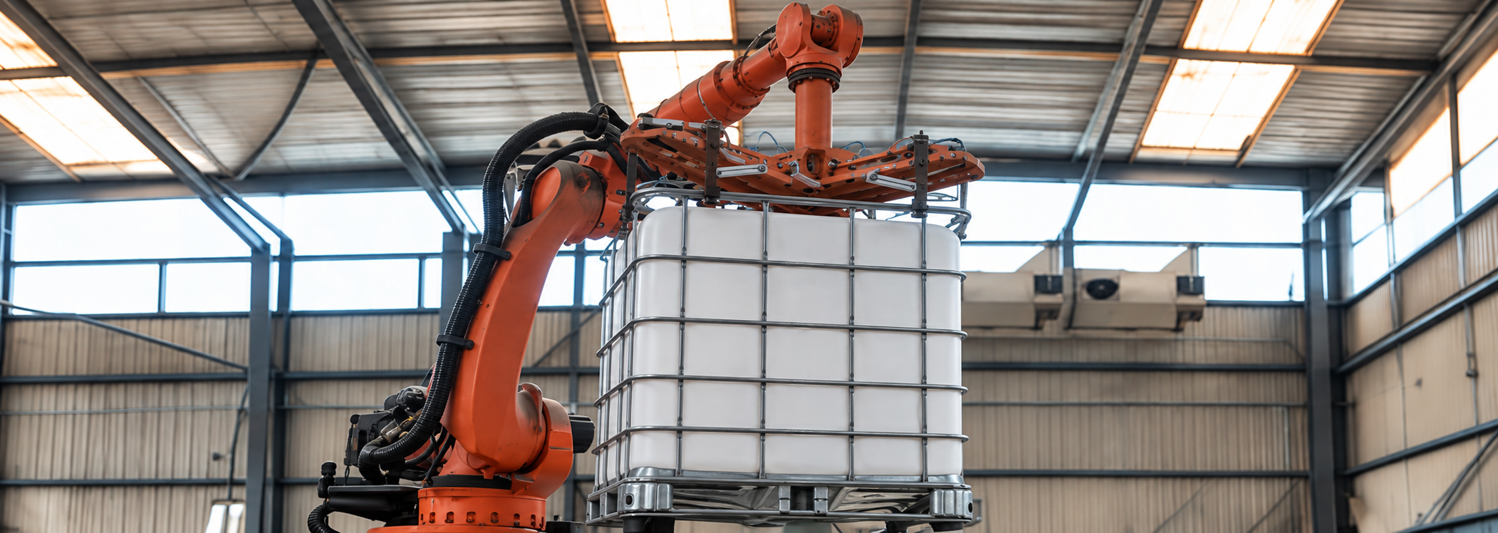 Robot industrial naranja manipulando un envase IBC